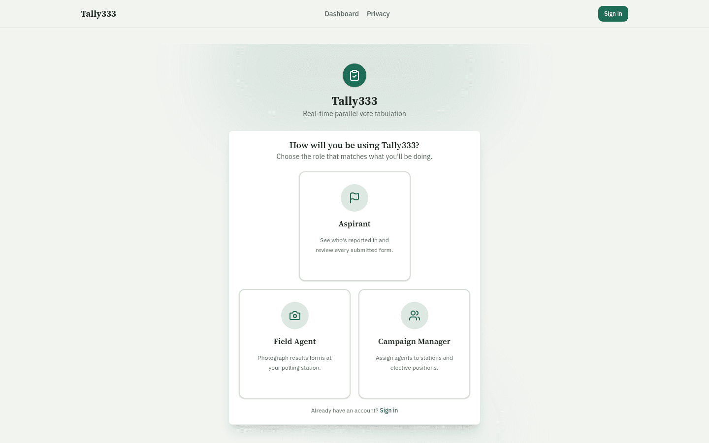 Screenshot of the Tally333 website